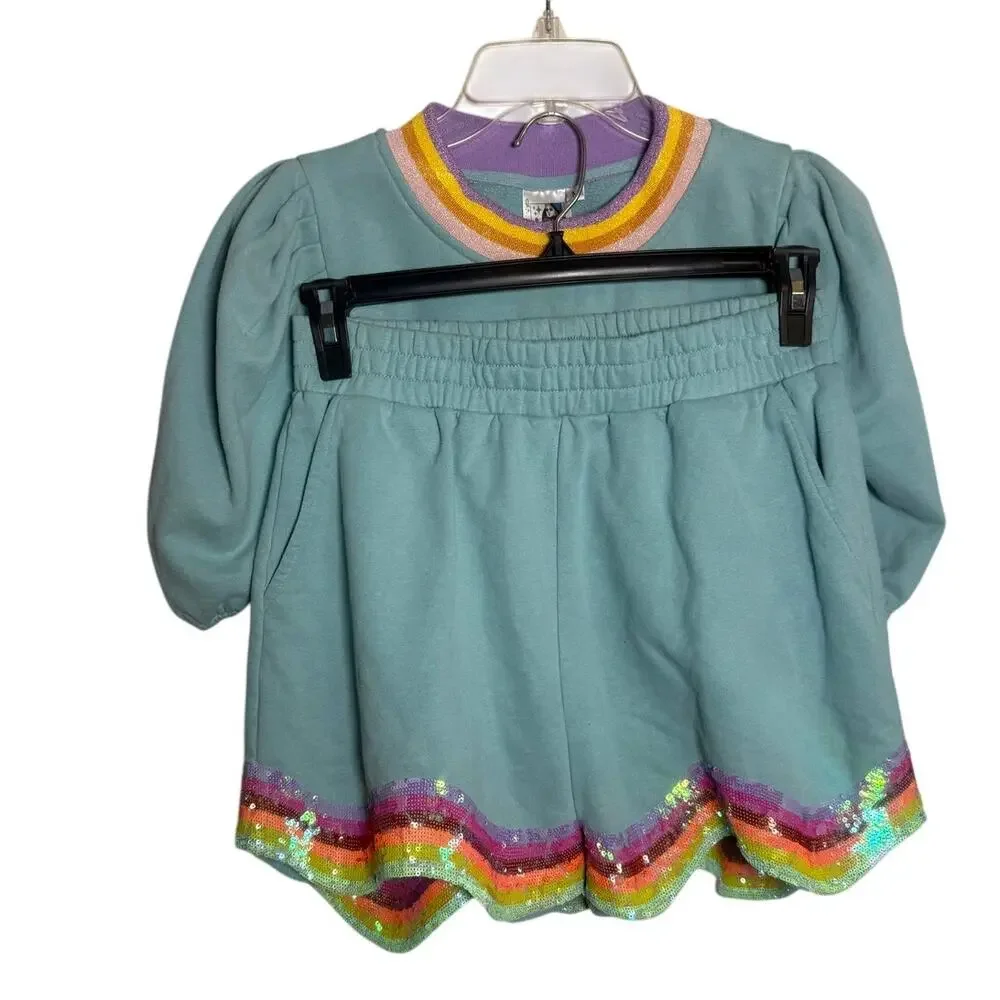 Queen of Sparkles Teal Rainbow Sequin Set Women’s Sz. M - Picture 2 of 6